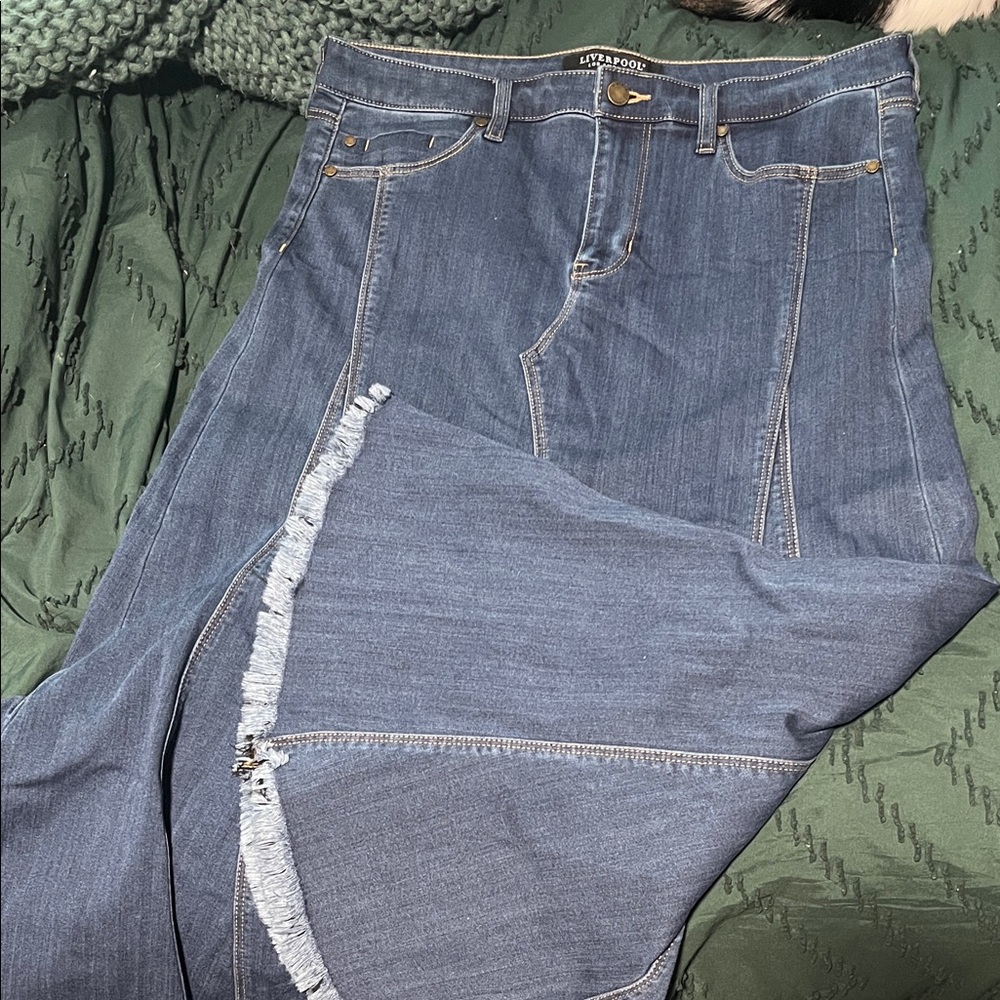 Liverpool Blue Denim long Jeans skirt with Frayed Detail